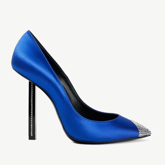 Saint Laurent Tower 110 Bleu Silk Satin Strass-Embellished Pointed-Toe Pumps - Picture 1 of 12